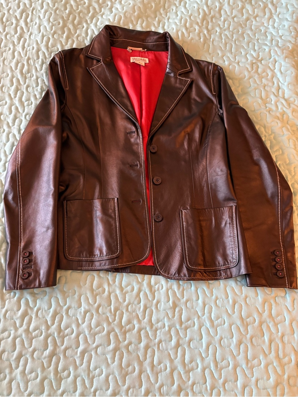 MICHAEL Michael Kors Black Leather Blazer with Red Lining